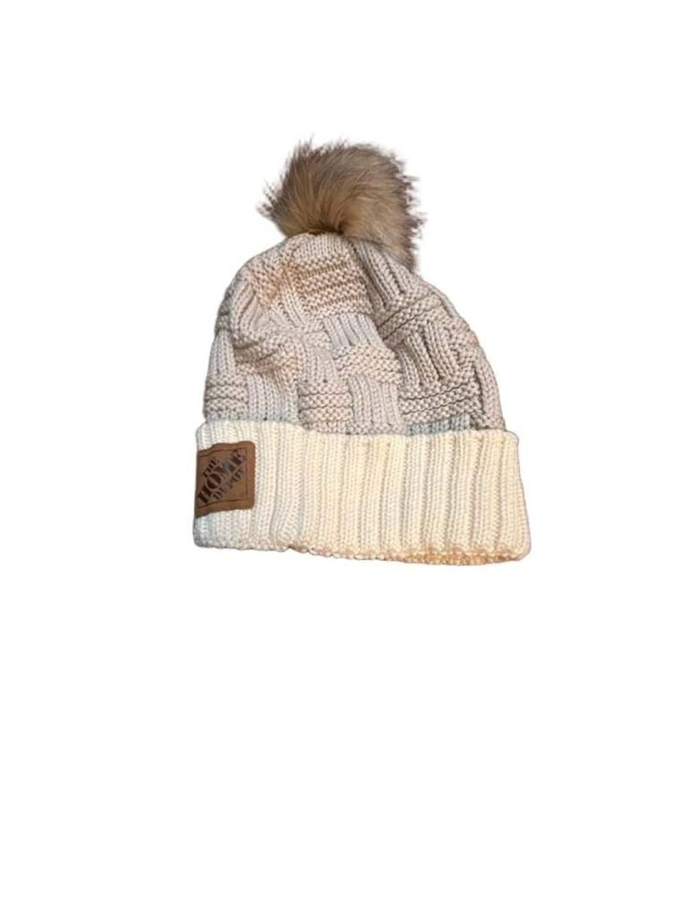 The Home Depot Knit Beanie With Fur Pom Beige Winter Hat